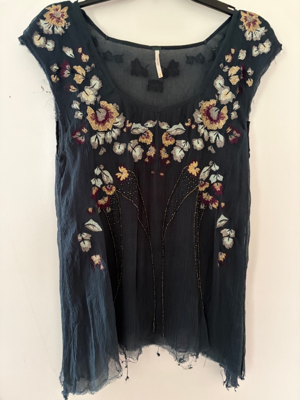 Free People Embroidered Navy Floral Scoop-Neck Women's Top